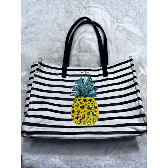 Kate Spade by the pool Pineapple-Embellished Canvas Tote mega Bag Black & White - Picture 1 of 9